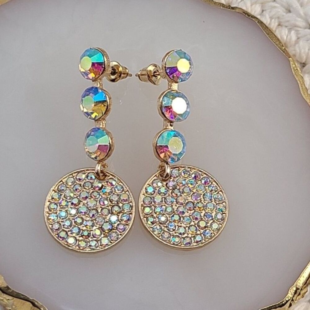 Vintage Aurora Borealis AB Rhinestone Dangle Drop Earrings Gold Tone Statement